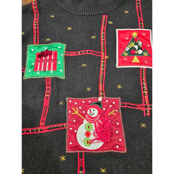 Vintage Holiday Editions Black Christmas Sweater Embroidered Holiday Sz L Santa - Picture 2 of 9